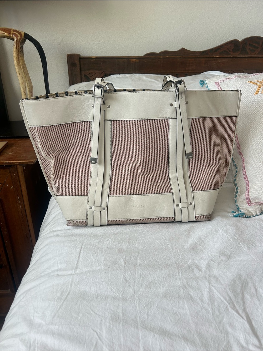 Rag & Bone Leather-Trim Red and Cream Tote Bag